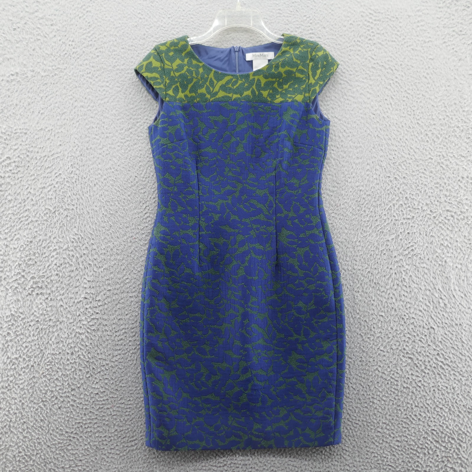 Max Mara Womens Silk Blend Jacquard Sheath Dress 8 Blue Green Leaf Cap Sleeve